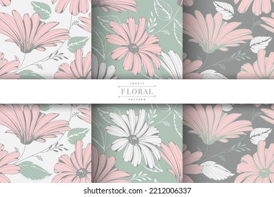 colección de patrones florales hermosos dibujada a mano