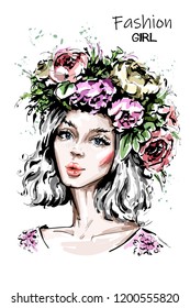 Hand drawn beautiful forest girl in flower wreath. Young woman looks like a nymph dryad. Fashion woman portrait. Sketch.