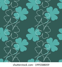 Hand drawn beautiful four clover leaves seamless pattern in bluish green background. Leaves pattern, plant background.
