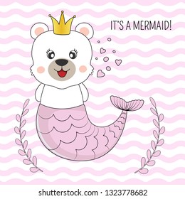 Hand drawn beautiful funny bear mermaid princess on a Isolated pink stripes background. Illustration for children print design, kids t-shirt, baby wear. Vector greeting card.