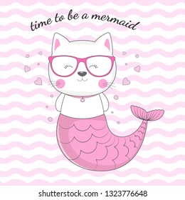 Hand drawn beautiful funny cat mermaid in glasses on a Isolated pink background. Illustration for children print design, kids t-shirt, baby wear. Vector greeting card.