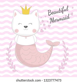 Hand drawn beautiful funny cat mermaid princess on a Isolated pink stripes background. Illustration for children print design, kids t-shirt, baby wear. Vector greeting card.