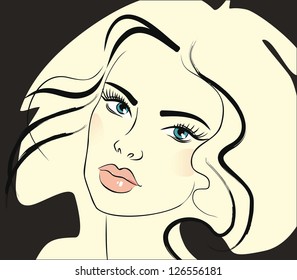 hand drawn beautiful girl with bright makeup and long hair .Beautiful woman's face