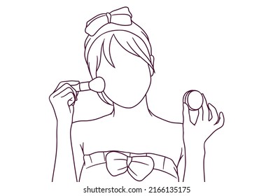 hand drawn beautiful girl with cosmetic powder brush illustration, make up concept