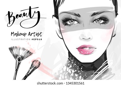 Hand drawn beautiful girl face makeup with pink lips black and white fashion illustration. Elegant model. Young woman portrait sketch. Banner with cosmetic brushes. 
