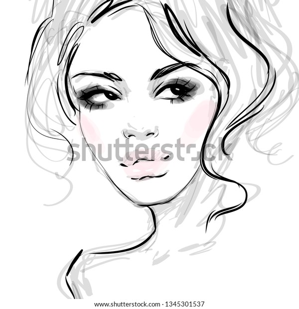 Hand Drawn Beautiful Girl Face Black Stock Vector Royalty