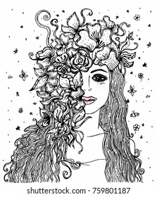 Hand drawn beautiful girl with flowers and long hair. Vector isolated illustration.