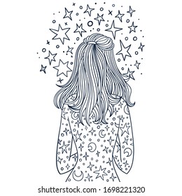 Hand drawn beautiful girl with stars. Ink doodle of back of young woman with long hair and hair clip. Dark blue vector drawing isolated on white background. Coloring book for adults.