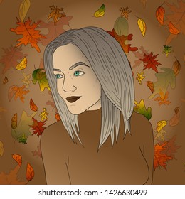 Hand drawn beautiful girl, woman. Autumn leaves background, autumn colors, vector illustration