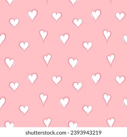 Hand drawn beautiful hearts seamless repeat vector pattern. Valentine's day endless background. Linear outline doodle hearts, line drawings with uneven heart shape. White on pink backdrop.