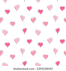 Hand drawn beautiful hearts seamless repeat vector pattern. Valentine's day background. Linear outline doodle hearts, line drawings with uneven heart shape. Red, rose hearts on white backdrop.