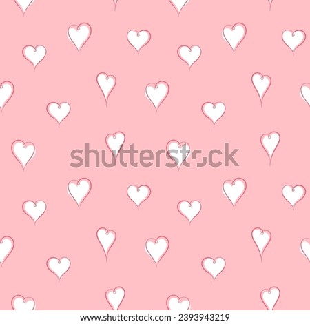 Hand drawn beautiful hearts seamless repeat vector pattern. Valentine's day endless background. Linear outline doodle hearts, line drawings with uneven heart shape. White on pink backdrop.