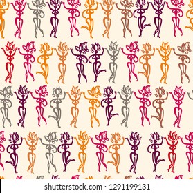 Hand drawn beautiful hot samba dancers in feathers seamless pattern. Dancers silhouettes Art illustration original graphic pattern imitation of brush and paint. 
