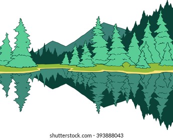 hand drawn beautiful illustration of a mountain landscape with green spruces around the lake