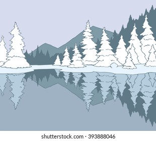 hand drawn beautiful illustration of a mountain winter landscape with spruces around the lake