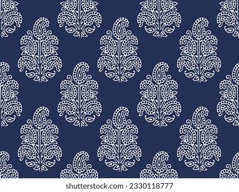 HAND DRAWN BEAUTIFUL INDIGO PAISLEY PATTERN AJRAKH BAGRU SANGANER BLOCK PRINT AND BATIK PRINT DIGITAL PRINT SEAMLESS TEXTILE PATTERN IN EDITABLE FILE