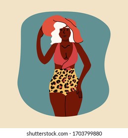 Hand drawn beautiful ladies. Women posing in colored swimsuits. Young Women Enjoying Summer on the beach. Sunbathing. Cartoon style. Flat design