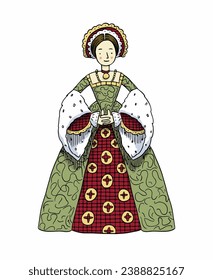 Hand Drawn Beautiful Lady Tudor Fashion - Medieval Woman Historical Costume Vector Illustration