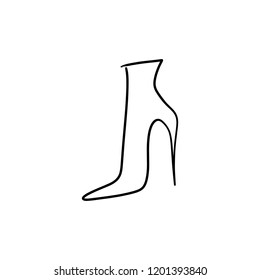 Hand drawn beautiful leather woman boot with high heel. Fashion illustration isolated on white background, girl sketch, shopping label or shoestore logotype. Handwritten style text