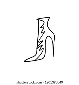 Hand drawn beautiful leather woman boot with high heel. Fashion illustration isolated on white background, girl sketch, shopping label or shoestore logotype. Handwritten style text