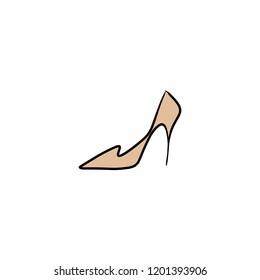 Hand drawn beautiful leather woman shoe with high heel. Fashion illustration isolated on white background, girl sketch, shopping label or shoestore logotype