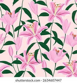 Hand drawn beautiful lily floral seamless pattern on pastel pink background,vector illustration