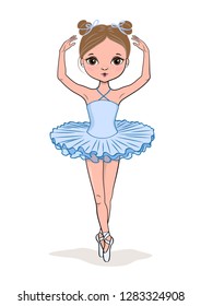 Hand drawn beautiful little ballerina. Cartoon cute girl. Vector illustration