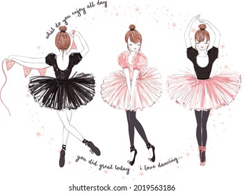 Hand Drawn Beautiful Little Ballerina Girls Vector Illustration.