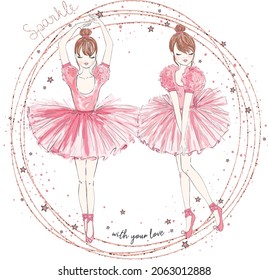 Hand drawn beautiful little ballerina girls vector illustration.