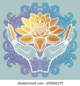 Hand drawn beautiful lotus flower in hands. Water lily motif, spiritual art for tattoo, boho - symbol of harmony, wisdom, love. Isolated vector illustration in line art style.
