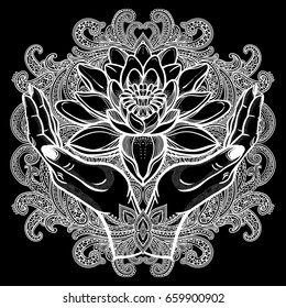 Hand drawn beautiful  lotus flower in hands. Water lily motif, spiritual art for tattoo, boho - symbol of harmony, wisdom, love. Isolated vector illustration in line art style.
