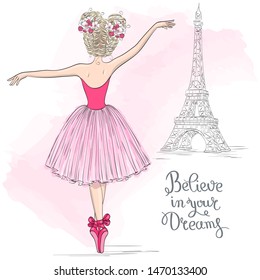 Hand drawn beautiful, lovely ballerina girl with flowers on her head and background with eiffel tower. Vector illustration.