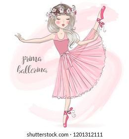 Hand drawn beautiful, lovely, cute ballerina girl with freckles and flowers on her head. Vector illustration.