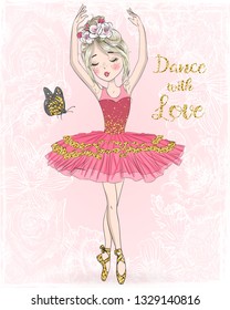 Hand dibujó hermosa, encantadora, adorable bailarina chica con pecas y flores en su cabeza. Ilustración vectorial.