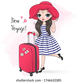 Hand drawn beautiful, lovely girl with a suitcase standing on the background with the words Bon voyage. Vector illustration.