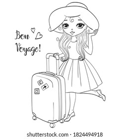 Hand drawn beautiful, lovely girl with a suitcase standing on the background with the words Bon voyage sketch. Vector illustration.