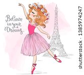 Hand drawn beautiful, lovely, little ballerina girl with flowers on her head and background with eiffel tower. Vector illustration.