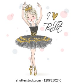 Hand drawn beautiful, lovely, little ballerina girl with freckles and crown on her head. Vector illustration.