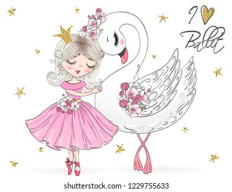 Hand drawn beautiful, lovely, little ballerina girl with swan. Vector illustration.