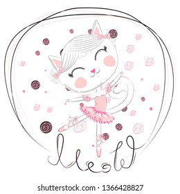 Hand drawn beautiful, lovely, little ballerina cat