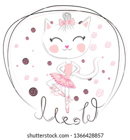 Hand drawn beautiful, lovely, little ballerina cat