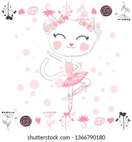 Hand drawn beautiful, lovely, little ballerina cat