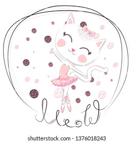 Hand drawn beautiful, lovely, little ballerina cat
