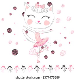 Hand drawn beautiful, lovely, little ballerina cat