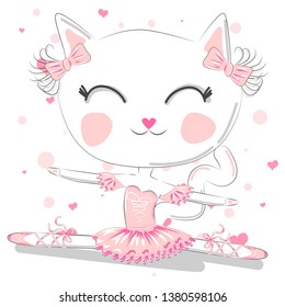 Hand drawn beautiful, lovely, little ballerina cat.