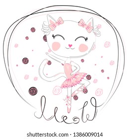 Hand drawn beautiful, lovely, little ballerina cat