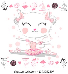 Hand drawn beautiful, lovely, little ballerina cat.