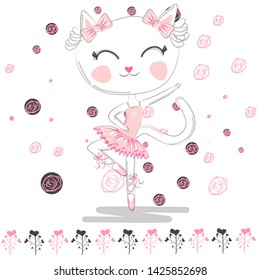 Hand drawn beautiful, lovely, little ballerina cat