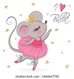 Hand drawn beautiful, lovely, little mouse ballerina girl with crown on her head. Vector illustration.