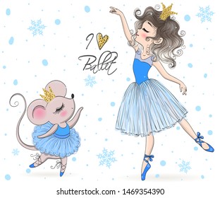 Hand drawn beautiful, lovely, little mouse and ballerina girl with crown on her heads. Vector illustration.